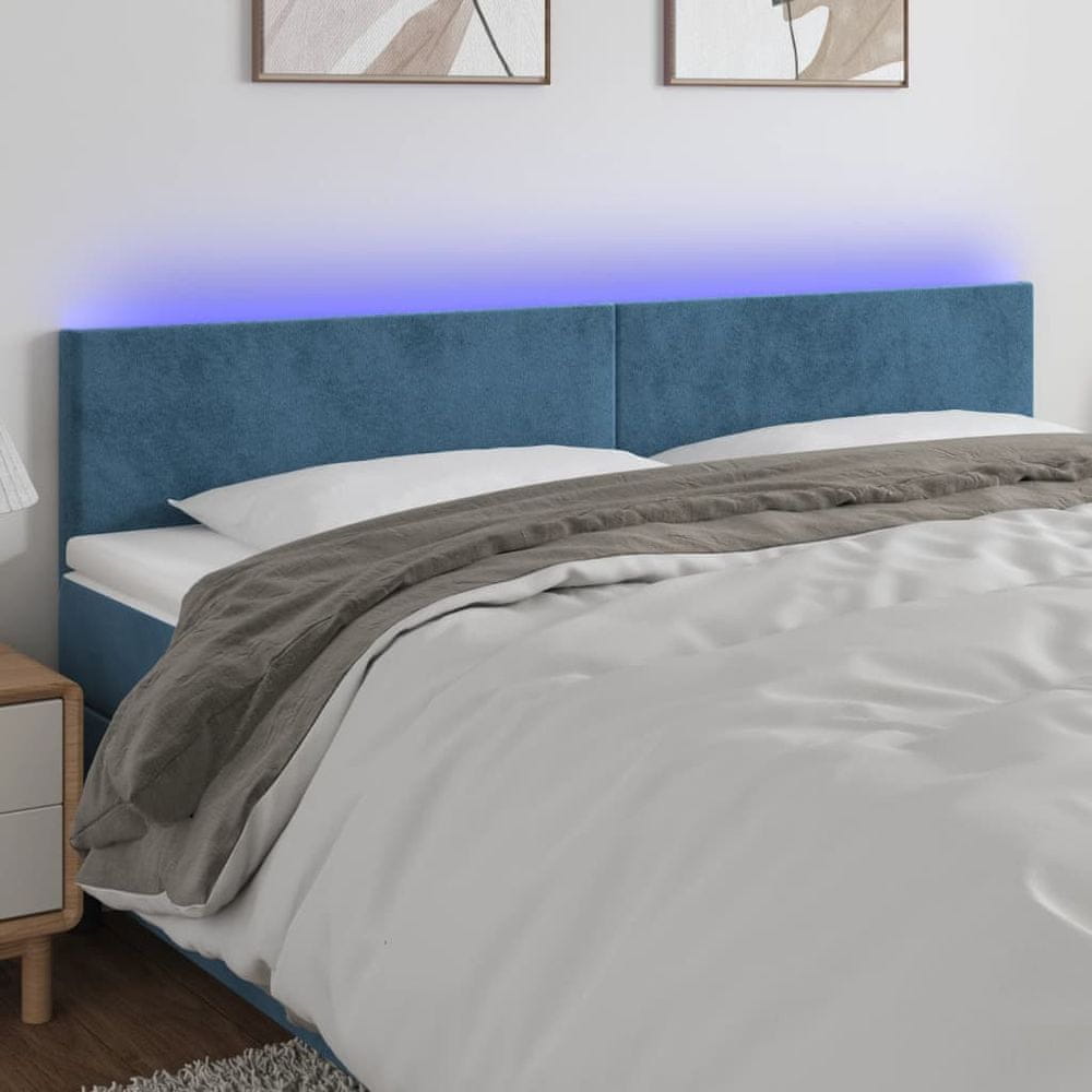 Vidaxl Čelo postele s LED tmavomodré 160x5x78/88 cm zamat